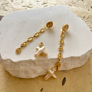 Chain Cross Pearl Earrings