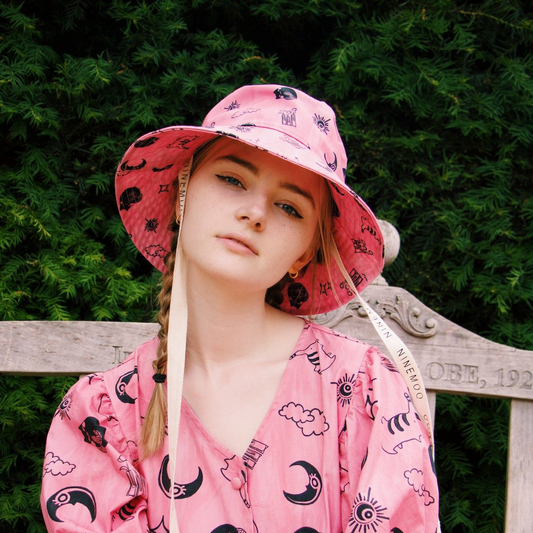Cat Printed Pink Bucket Hat With Straps