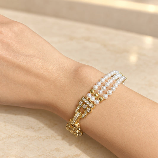 Golden Interlace Triple Pearl Bracelet