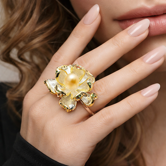 Magnolia Blossom Pink Pearl Silver Ring