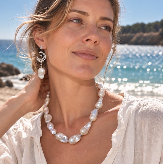 Moonlit Bloom Baroque Pearl Earrings - Silver