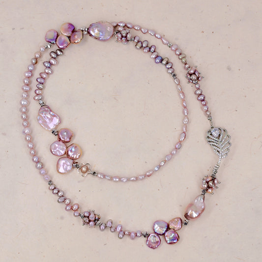 Opulent Rose Petal Pearl Cascade Necklace