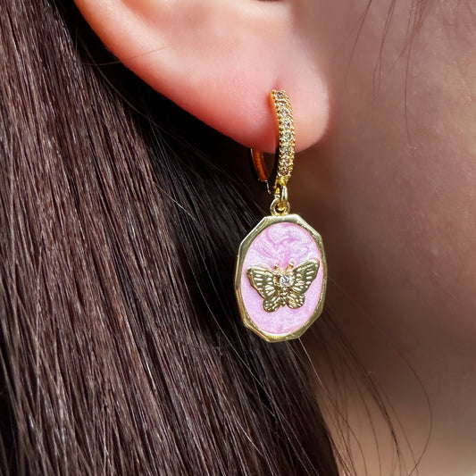 Pink Butterfly Enamel Pendant Earrings