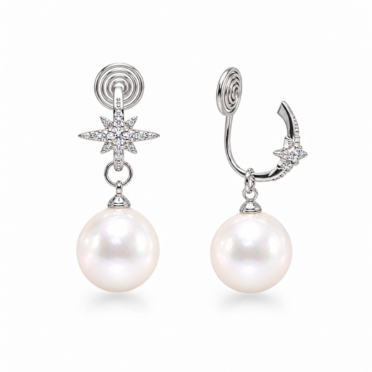 Celestial North Star Pearl Clip Earrings