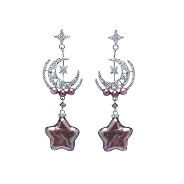 Moonlit Bloom  Violet Star Pearl Earrings