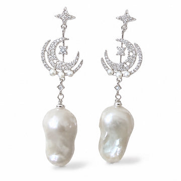 Moonlit Bloom Baroque Pearl Earrings - Silver