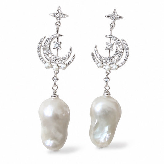 Moonlit Bloom Baroque Pearl Earrings - Silver