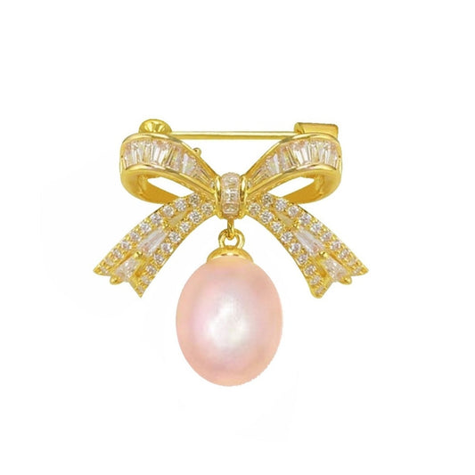 Golden Bow Pearl Brooch