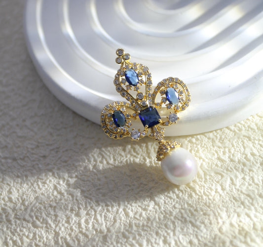 Royal Blue Iris Natural Pearl Brooch & Pendant