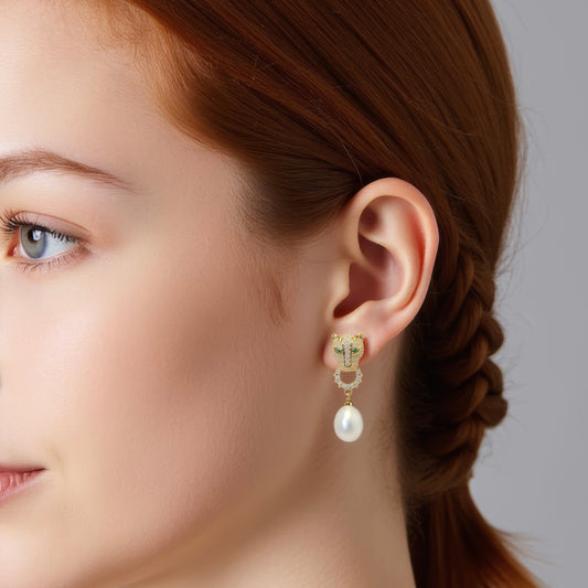 Gold Leopard Pearl Stud Earrings