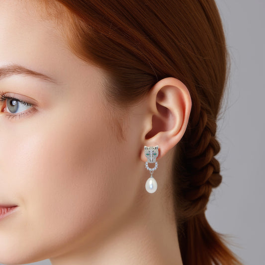 Silver Leopard Pearl Stud Earrings