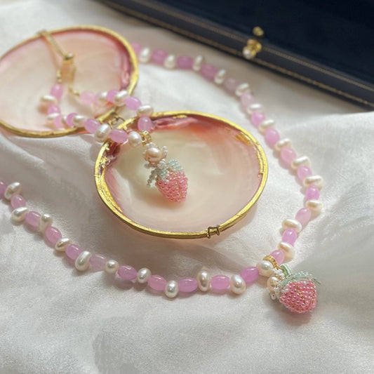 Pink Strawberry Pearl Dangle Necklace