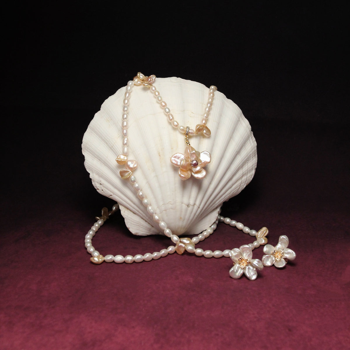 Rosé Petal Long Pearl Necklace by NINEMOO – product view 5