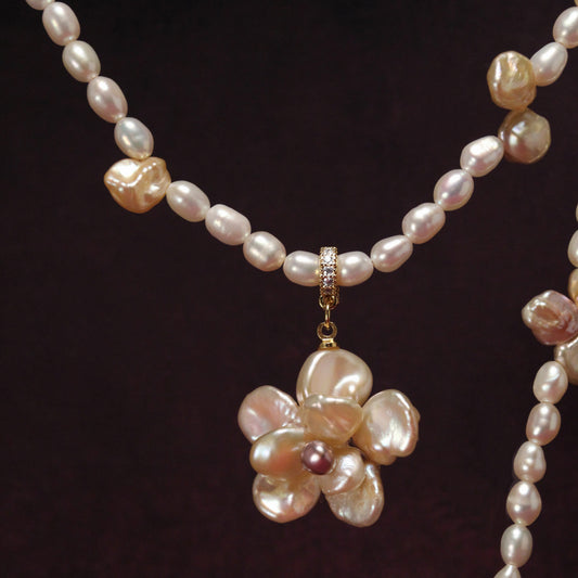 Rosé Petal Long Pearl Necklace by NINEMOO – detail view