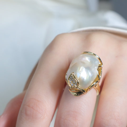 Golden Olive Leaf Baroque Pearl Ring