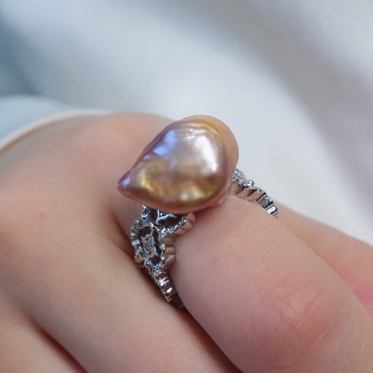 Silver Purple Baroque Pearl Open Ring