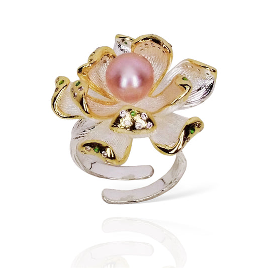 Magnolia Blossom Pink Pearl Silver Ring