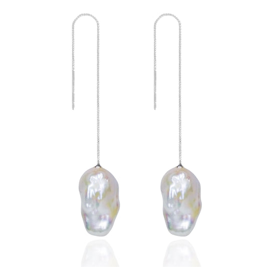 Minimalist Baroque Pearl Silver Threader Earrings