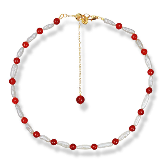 Red Agate & Lute Pearl Necklace