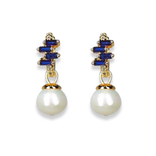 Blue Sapphire Accent Pearl Drop Earrings