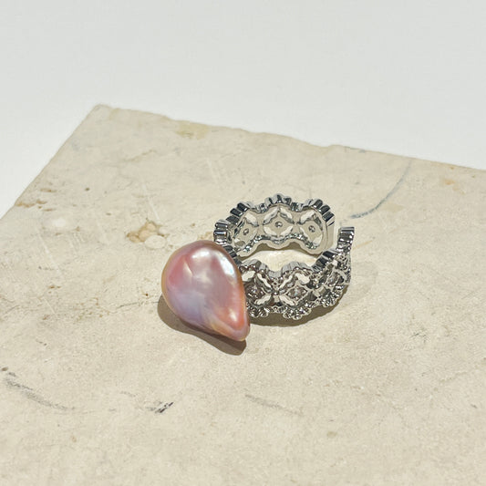 Silver Purple Baroque Pearl Open Ring