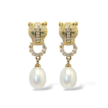 Gold Leopard Pearl Stud Earrings