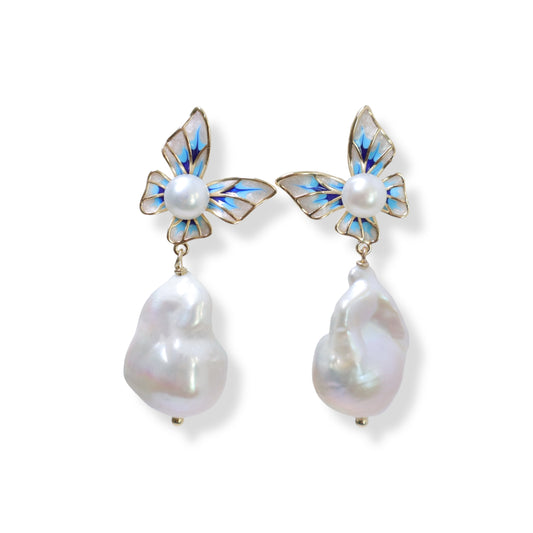 Baroque Pearl Enamel Butterfly Earrings