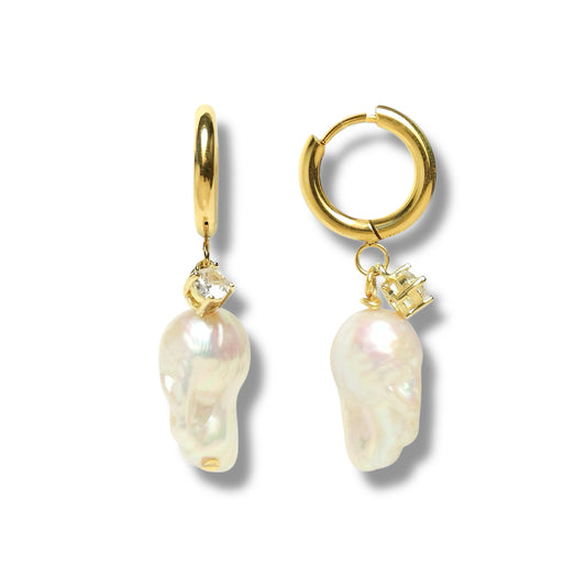Large Pastel Baroque Pearl Golden Hoop Earrings