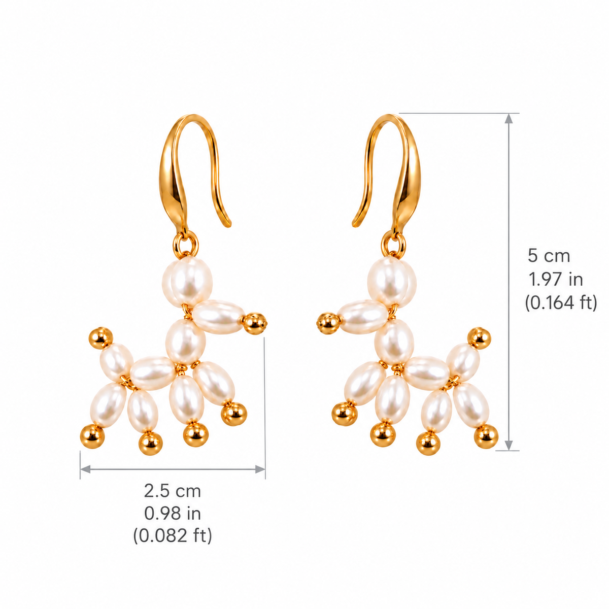 Balloon Dog freshwater pearl earrings size guide: 5 cm total drop including hook, 2.5 cm from nose tip to rear leg