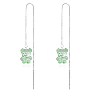 Silver Crystal Bear Threader Earrings