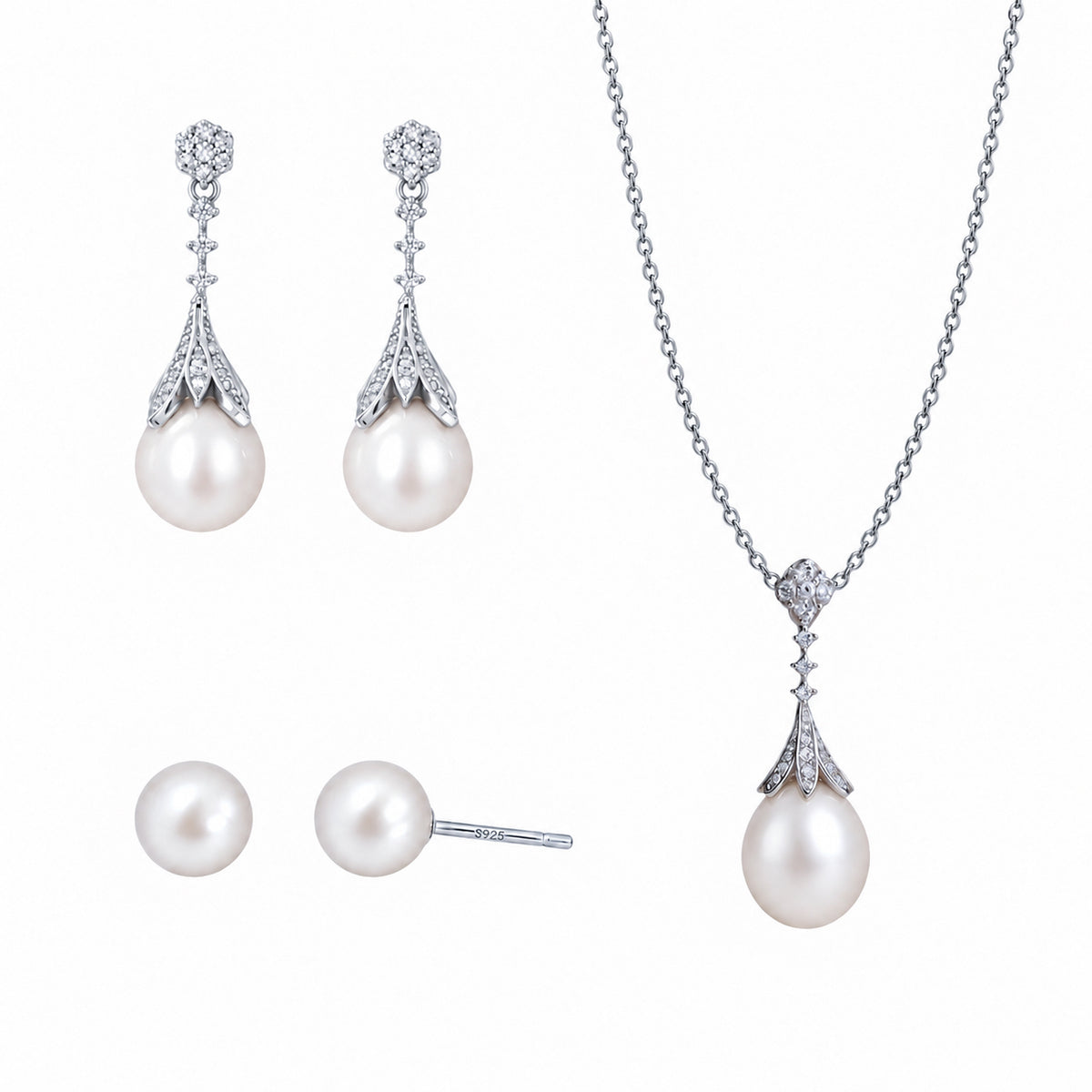 Fleur silver Christmas gift set with necklace, drop earrings and pearl studs