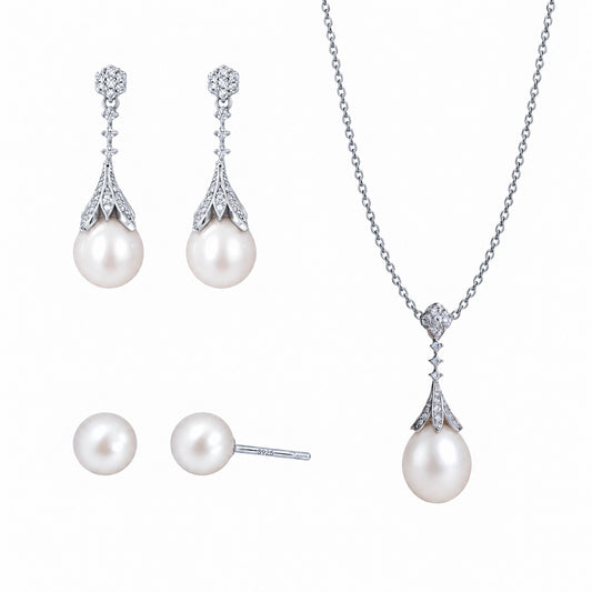Fleur silver Christmas gift set with necklace, drop earrings and pearl studs