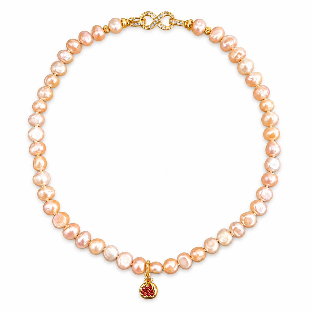 Grenade Rosée pomegranate pearl necklace – white background