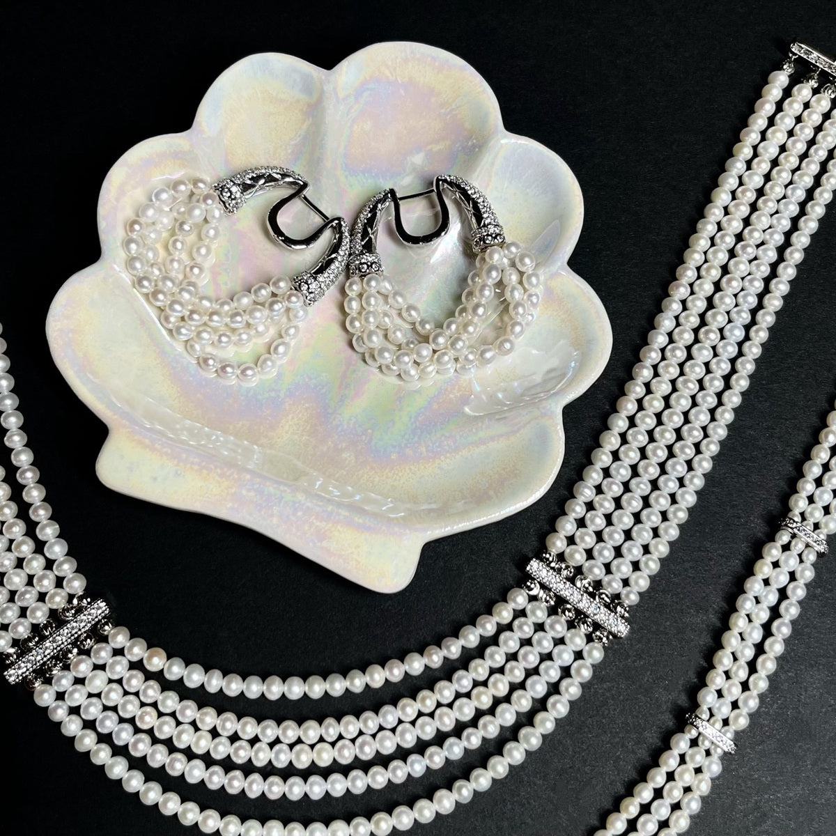 The Interlace Pearl Necklace with freshwater pearls and crystal details