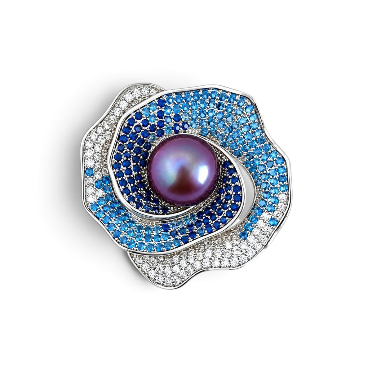 Midnight Orbit purple freshwater pearl brooch with blue and clear stones