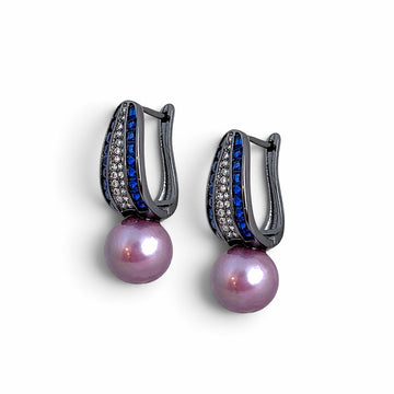 Midnight Orbit purple freshwater pearl earrings with blue and clear stones