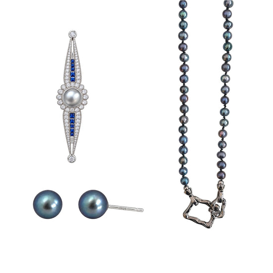 Nacre Christmas gift box: pearl necklace, Ligne brooch and dark pearl studs on white