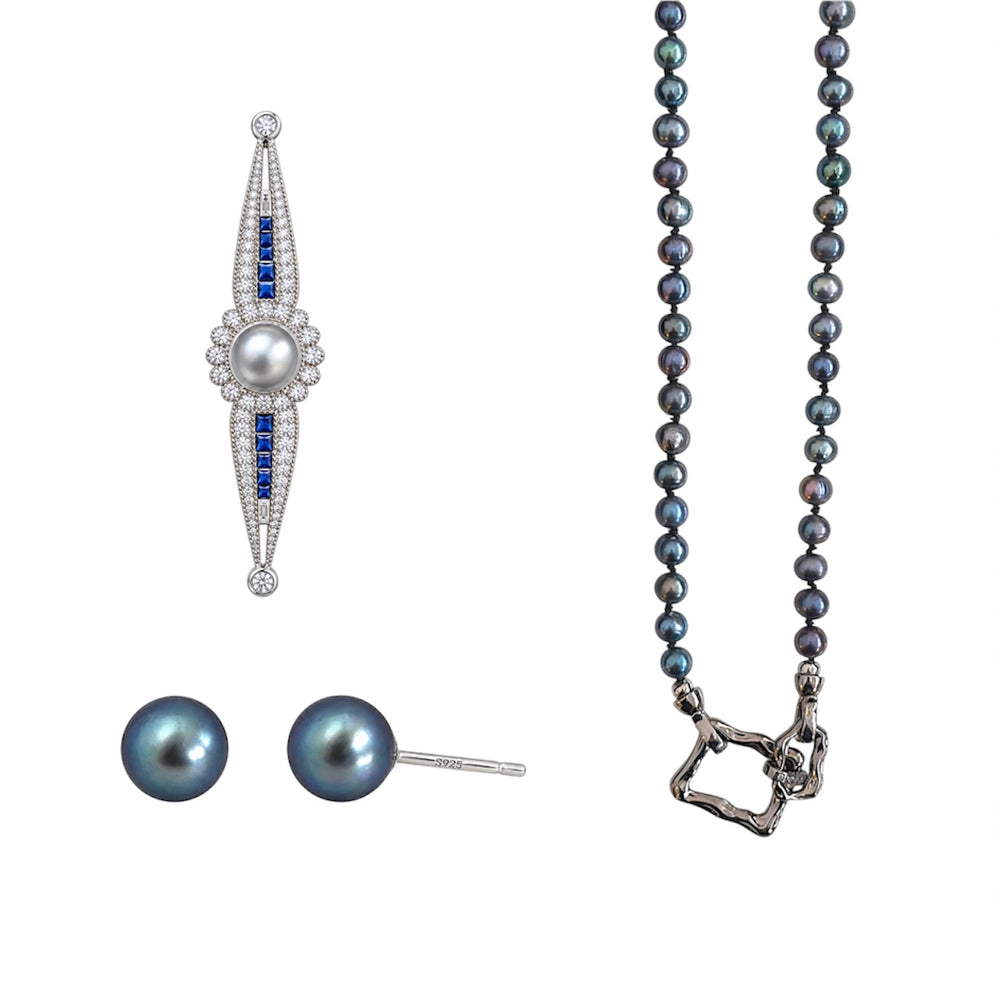 Nacre Christmas gift box: pearl necklace, Ligne brooch and dark pearl studs on white