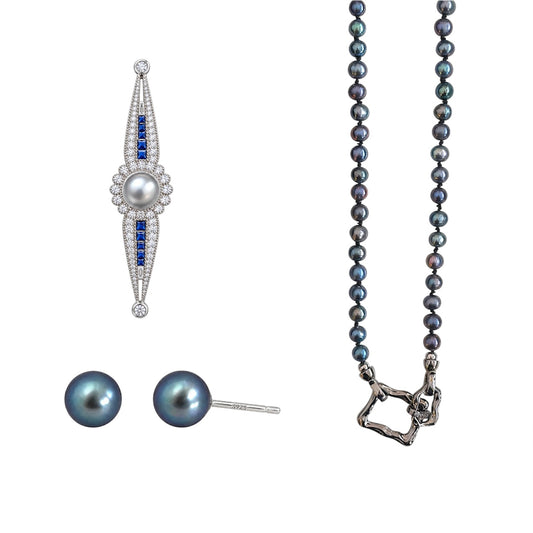 Nacre Christmas gift box: pearl necklace, Ligne brooch and dark pearl studs on white