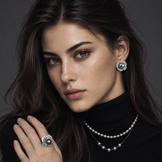 Nacre Noire bloom earrings petal ring model