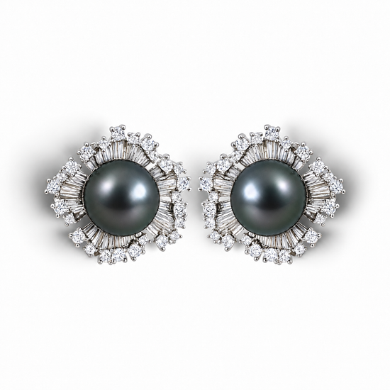 Nacre Noire Bloom earrings with dark Tahitian pearls and gemstone floral settings, mirrored pair on a white background