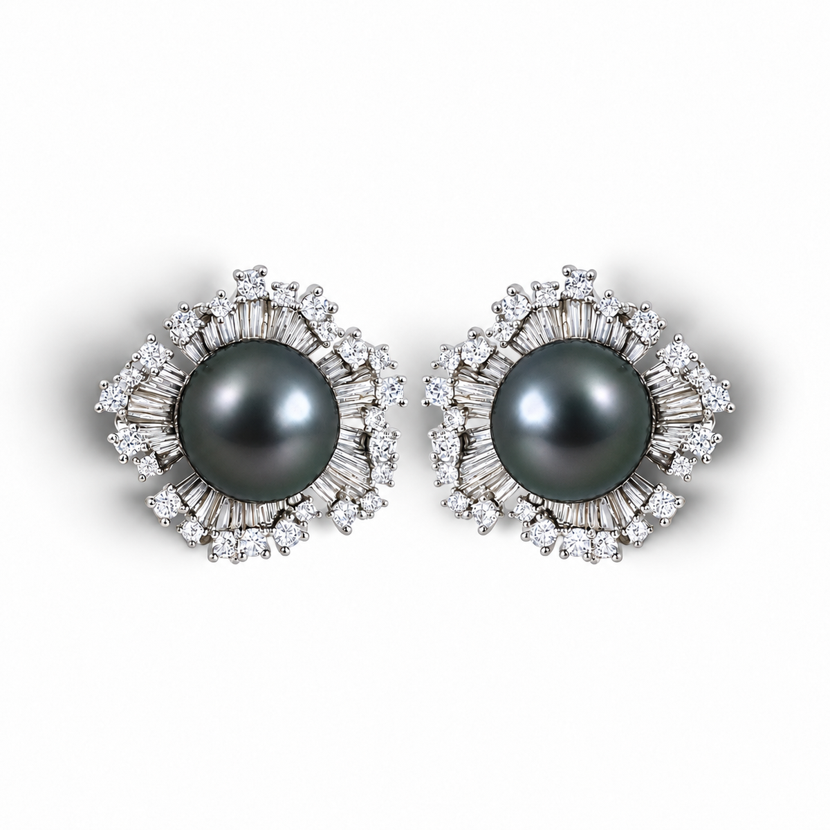 Nacre Noire Bloom earrings with dark Tahitian pearls and gemstone floral settings, mirrored pair on a white background