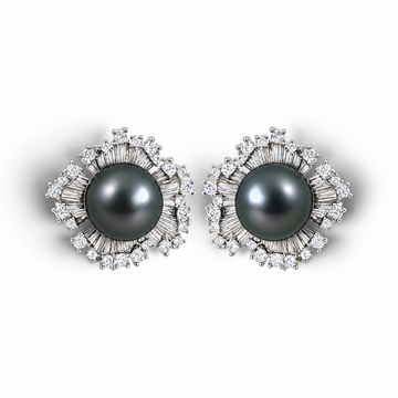 Nacre Noire Bloom earrings with dark Tahitian pearls and gemstone floral settings, mirrored pair on a white background