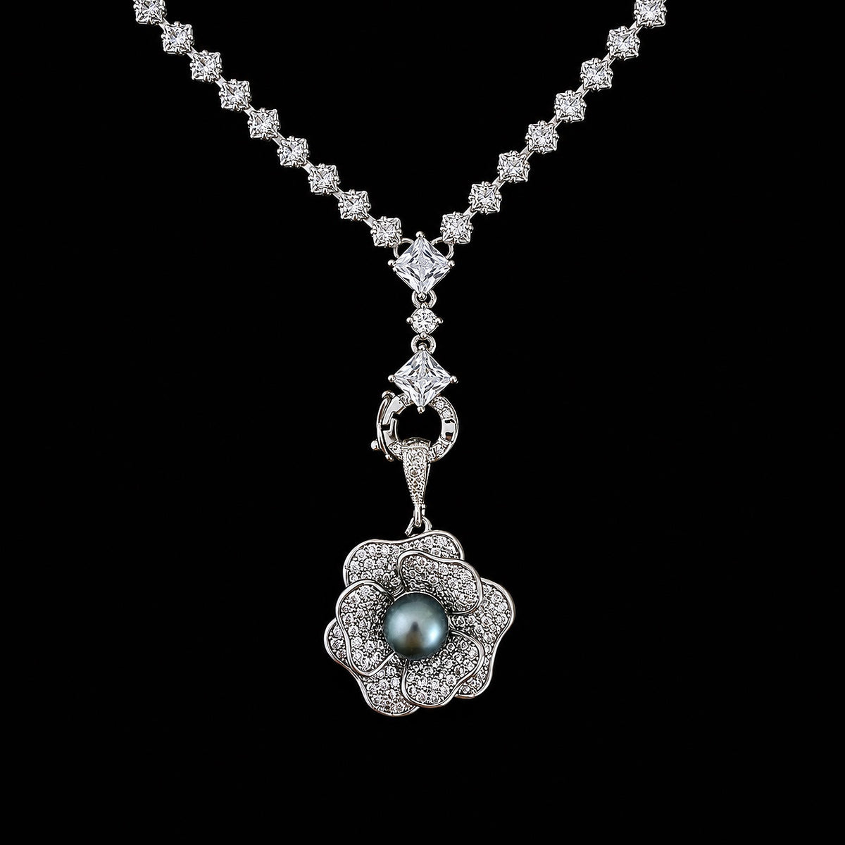 Nacre Noire blossom necklace black background