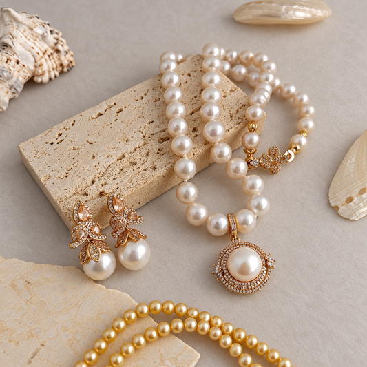 Aurelia Halo pendant with Iris pearl necklace styled with shells and stone; other jewellery not included
