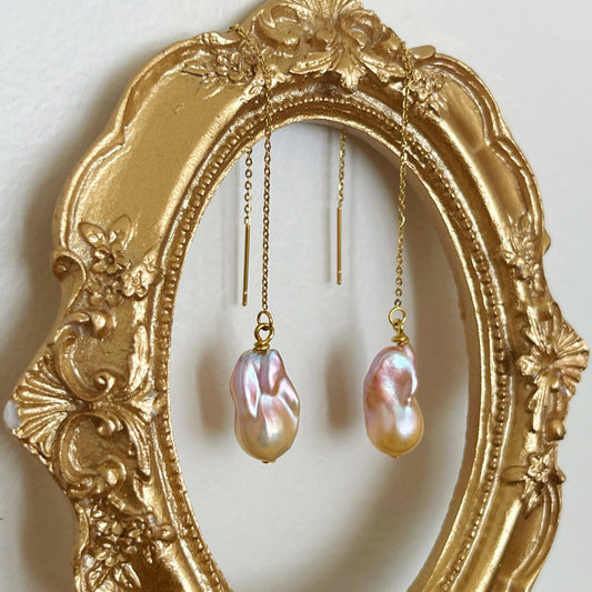 Aurora Pink Baroque Pearl Threader Earrings by NINEMOO – product image