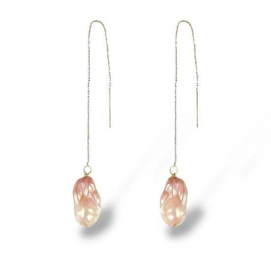 Aurora Pink Baroque Pearl Threader Earrings by NINEMOO – detail view