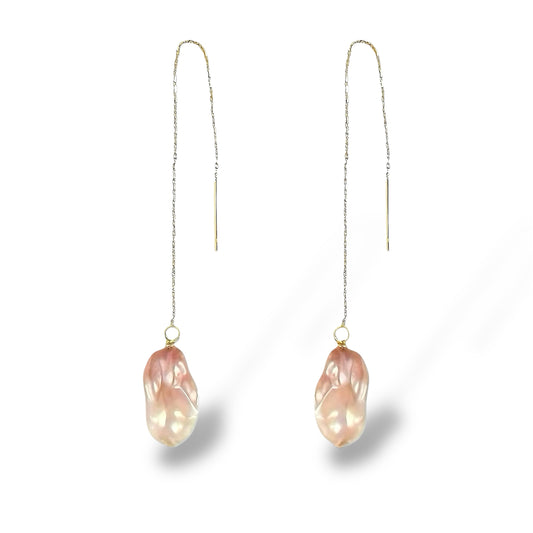 Aurora Pink Baroque Pearl Threader Earrings by NINEMOO – detail view