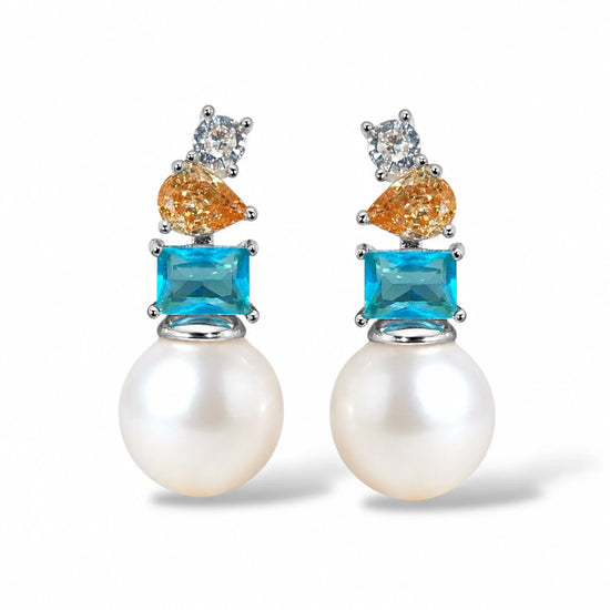 NINEMOO Azure Muse Earrings – silver-tone fittings with freshwater pearls and champagne and aqua Cubic Zirconia, front view