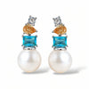 NINEMOO Azure Muse Earrings – silver-tone fittings with freshwater pearls and champagne and aqua Cubic Zirconia, front view
